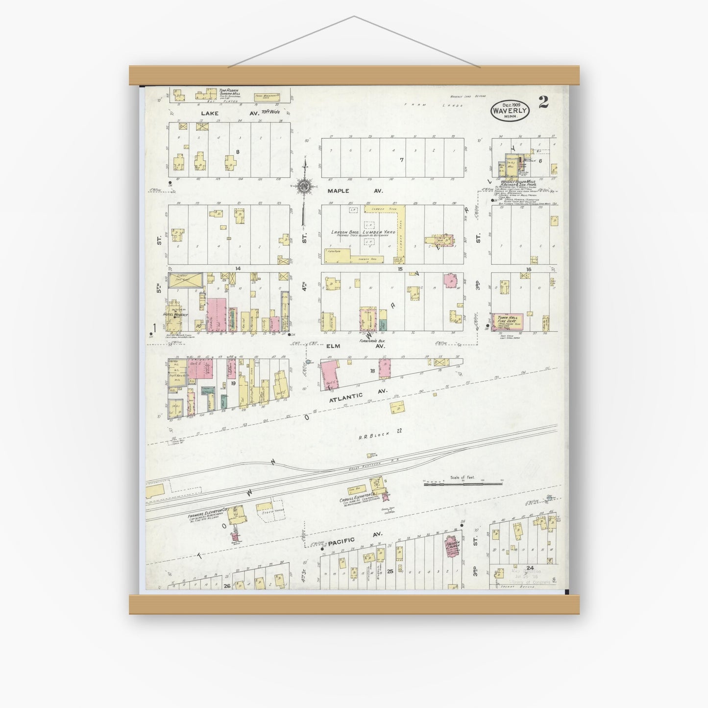 Old map wall art mockup — magnetic wood frame on white wall — Sanborn Fire Insurance Map from Waverly, Wright County, Minnesota (1909), Sheet #0002