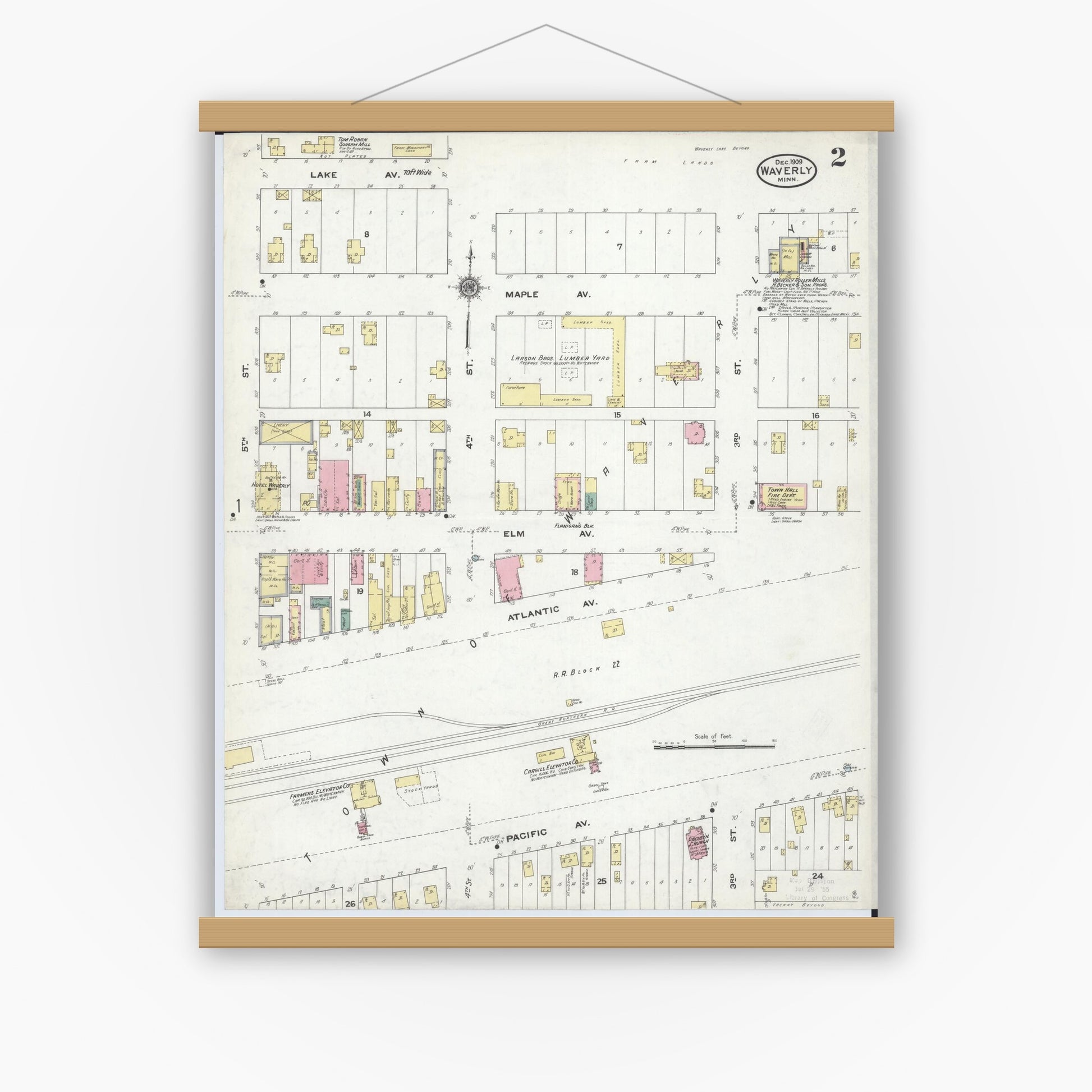 Old map wall art mockup — magnetic wood frame on white wall — Sanborn Fire Insurance Map from Waverly, Wright County, Minnesota (1909), Sheet #0002