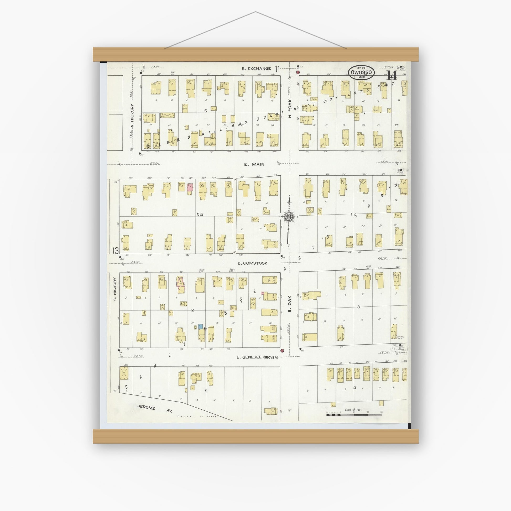 Old map wall art mockup — magnetic wood frame on white wall — Sanborn Fire Insurance Map from Owosso, Shiawassee County, Michigan (1915), Sheet #0014