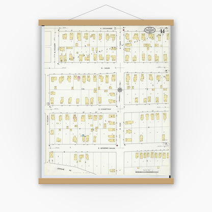 Old map wall art mockup — magnetic wood frame on white wall — Sanborn Fire Insurance Map from Owosso, Shiawassee County, Michigan (1915), Sheet #0014