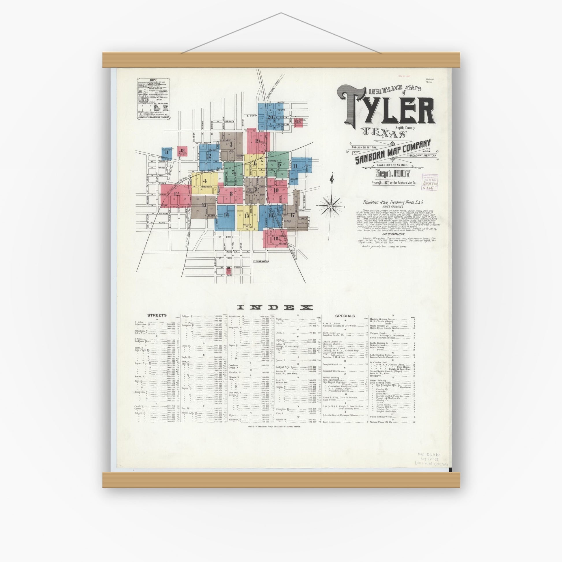 Old map wall art mockup — magnetic wood frame on white wall — Sanborn Fire Insurance Map from Tyler, Smith County, Texas (1907), Sheet #0001
