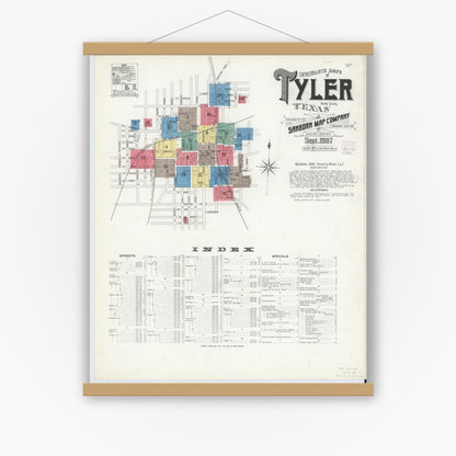 Old map wall art mockup — magnetic wood frame on white wall — Sanborn Fire Insurance Map from Tyler, Smith County, Texas (1907), Sheet #0001
