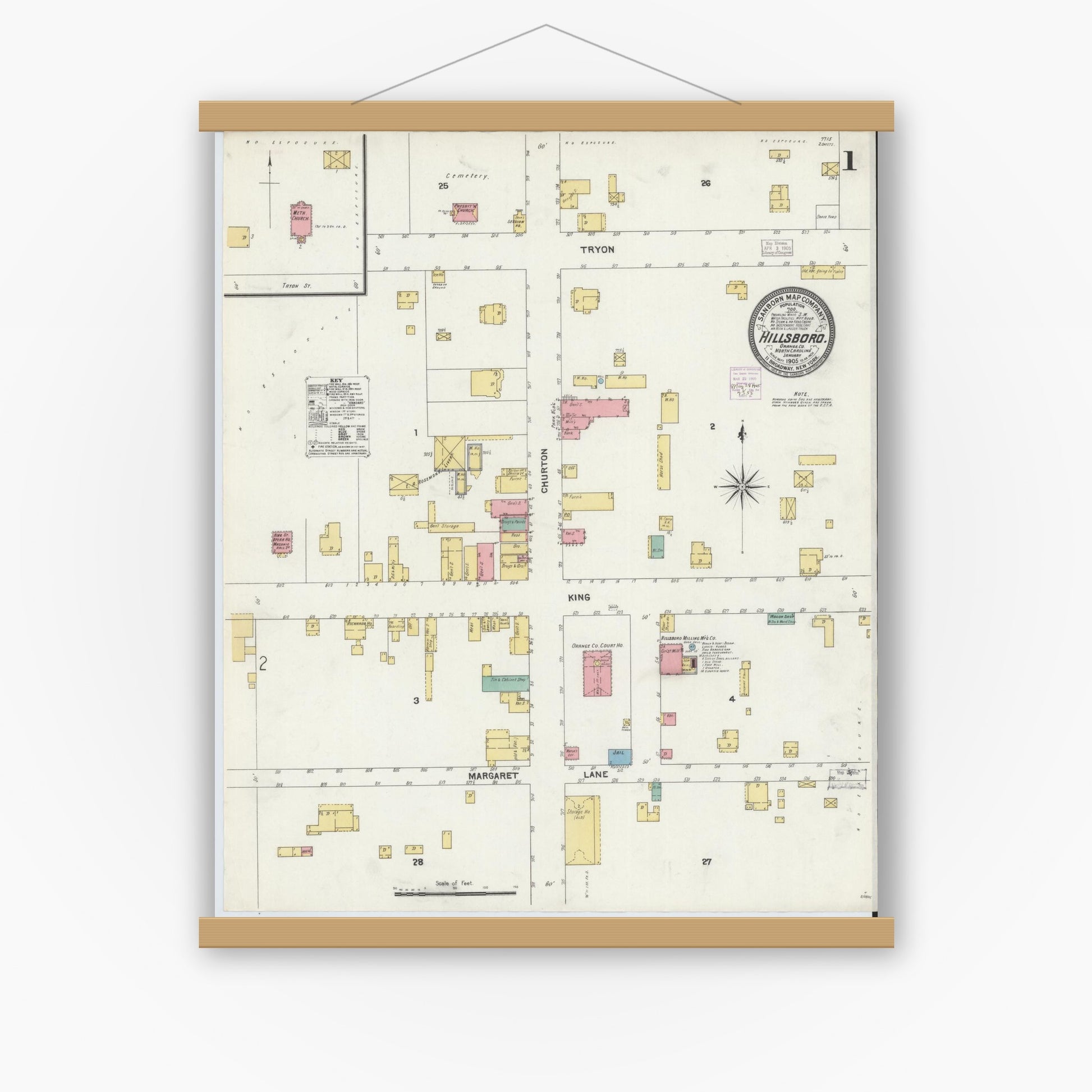 Old map wall art mockup — magnetic wood frame on white wall — Sanborn Fire Insurance Map from Hillsboro, Orange County, North Carolina (1905), Sheet #0001