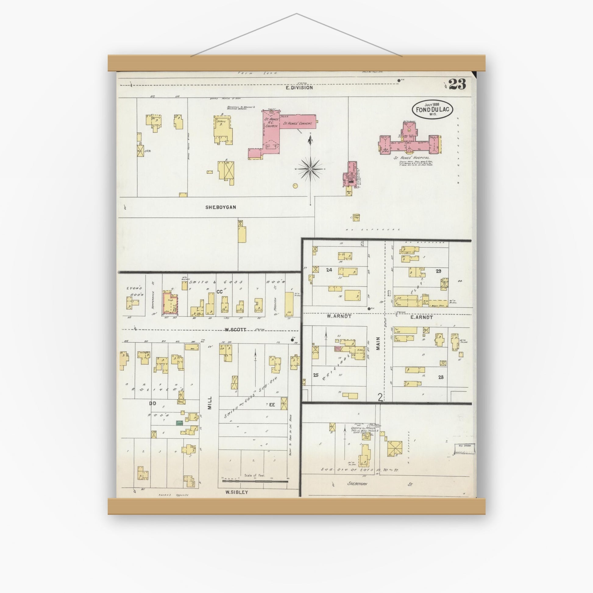 Old map wall art mockup — magnetic wood frame on white wall — Sanborn Fire Insurance Map from Fond du Lac, Fond du Lac County, Wisconsin (1898), Sheet #0023