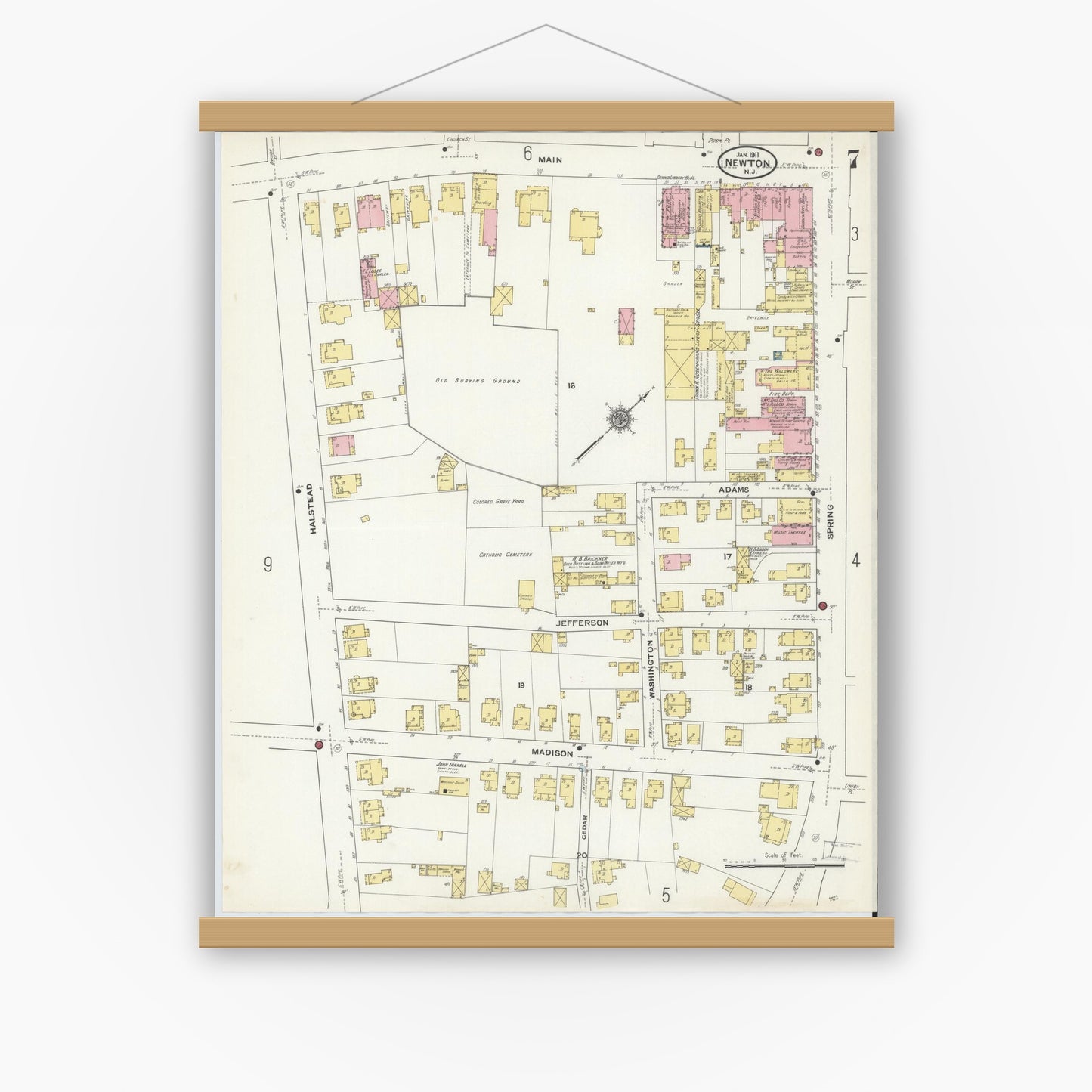 Old map wall art mockup — magnetic wood frame on white wall — Sanborn Fire Insurance Map from Newton, Sussex County, New Jersey (1911), Sheet #0007