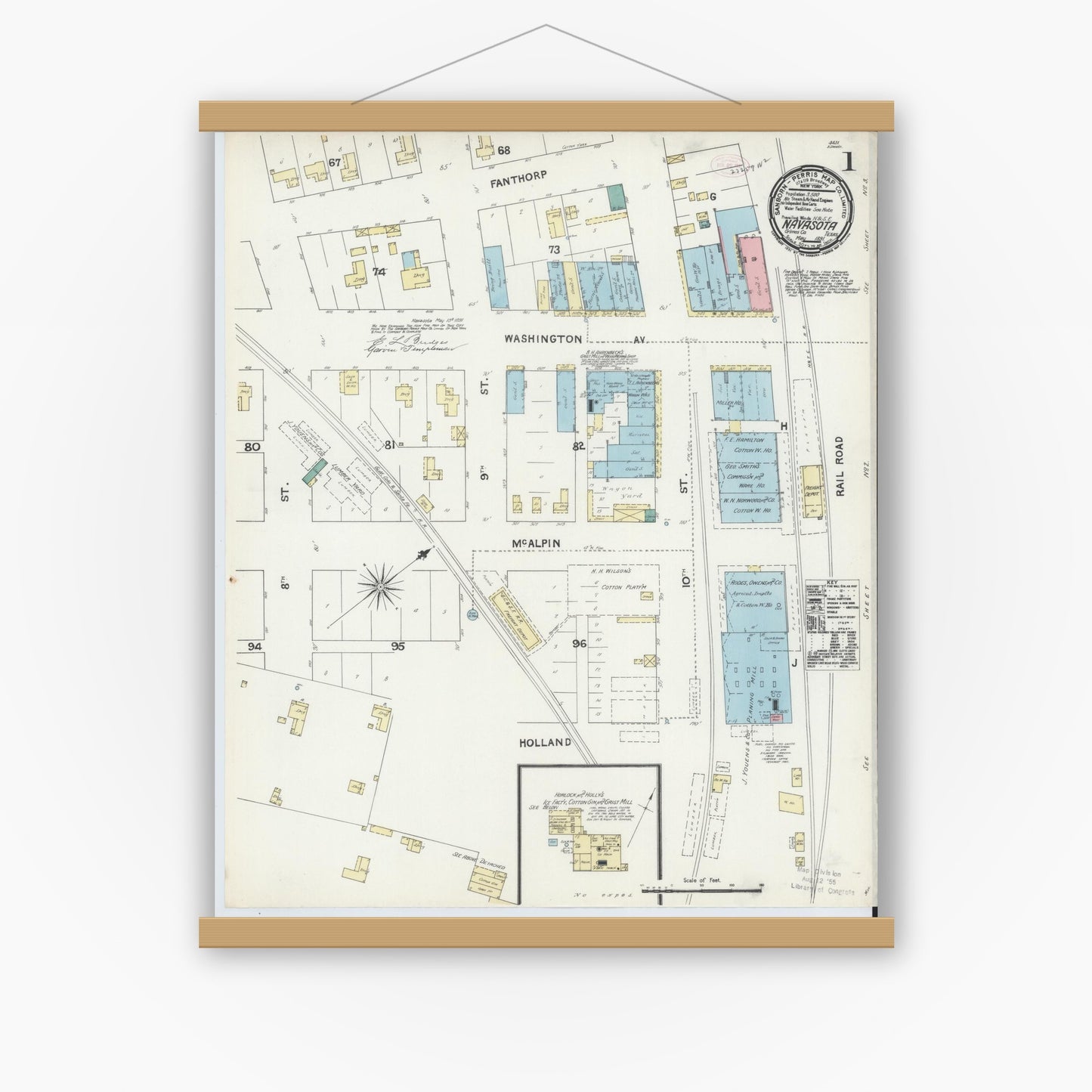 Old map wall art mockup — magnetic wood frame on white wall — Sanborn Fire Insurance Map from Navasota, Grimes County, Texas (1891), Sheet #0001