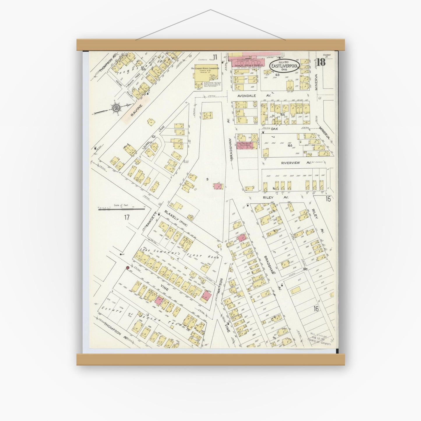 Old map wall art mockup — magnetic wood frame on white wall — Sanborn Fire Insurance Map from East Liverpool, Columbiana County, Ohio (1913), Sheet #0018