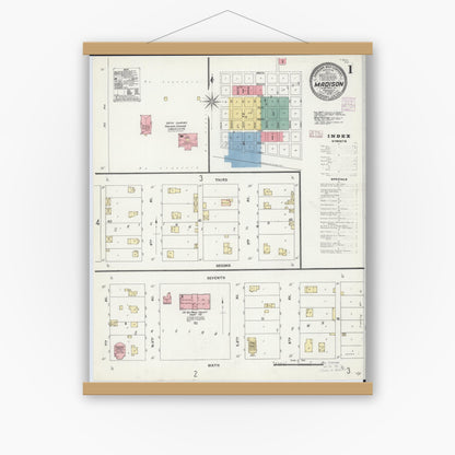 Old map wall art mockup — magnetic wood frame on white wall — Sanborn Fire Insurance Map from Madison, Lac Qui Parle County, Minnesota (1906), Sheet #0001