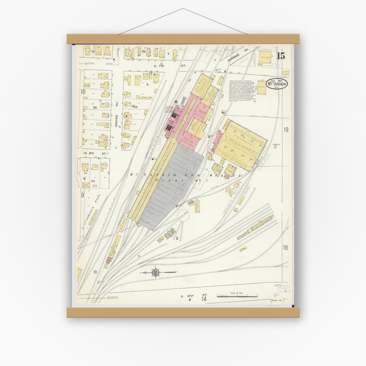 Old map wall art mockup — magnetic wood frame on white wall — Sanborn Fire Insurance Map from Mount Vernon, Jefferson County, Illinois (1913), Sheet #0015