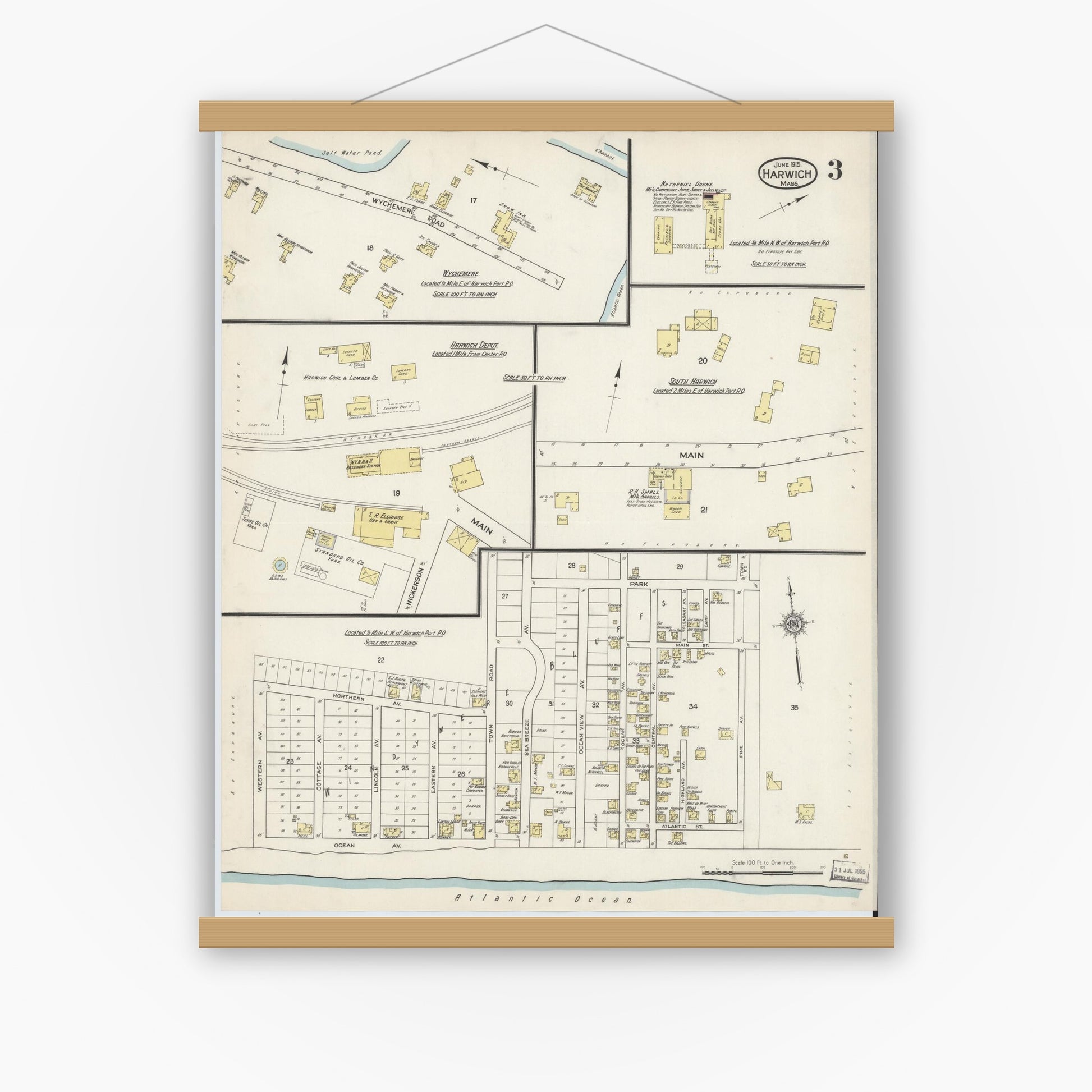 Old map wall art mockup — magnetic wood frame on white wall — Sanborn Fire Insurance Map from Harwich, Barnstable County, Massachusetts (1915), Sheet #0003