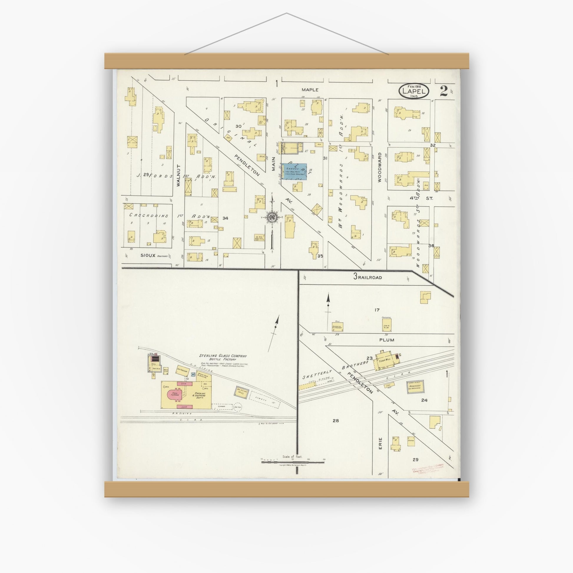 Old map wall art mockup — magnetic wood frame on white wall — Sanborn Fire Insurance Map from Lapel, Madison County, Indiana (1918), Sheet #0002