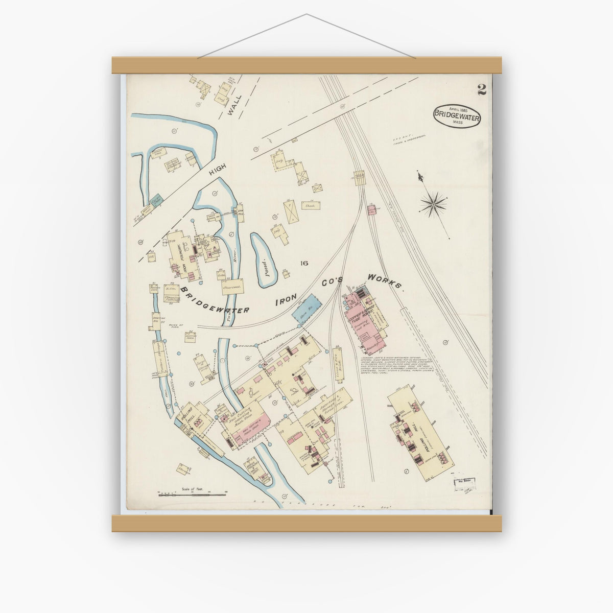 Old map wall art mockup — magnetic wood frame on white wall — Sanborn Fire Insurance Map from Bridgewater, Plymouth County, Massachusetts (1885), Sheet #0002