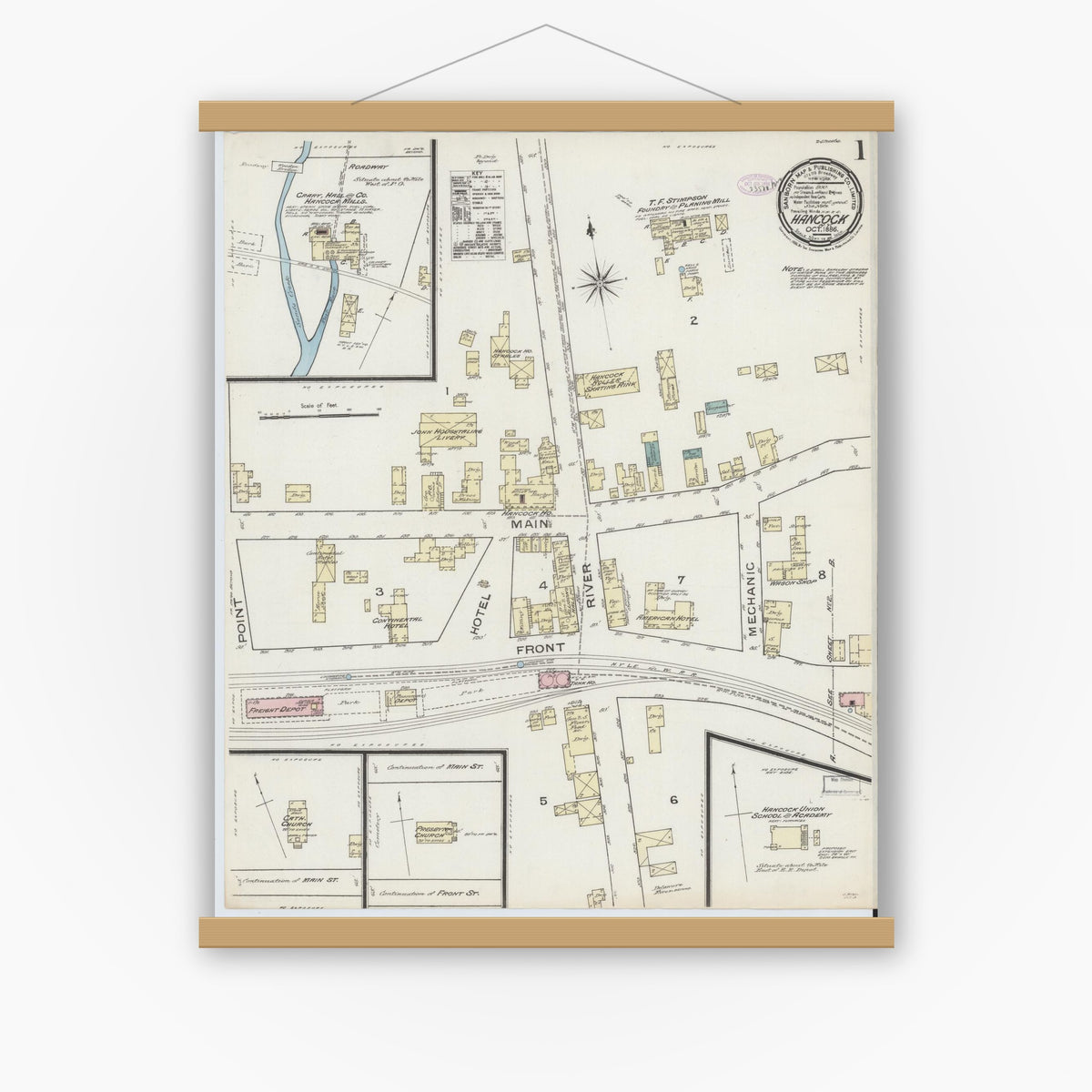 Old map wall art mockup — magnetic wood frame on white wall — Sanborn Fire Insurance Map from Hancock, Delaware County, New York (1886), Sheet #0001