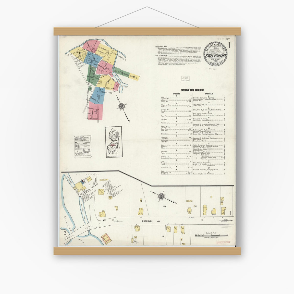 Old map wall art mockup — magnetic wood frame on white wall — Sanborn Fire Insurance Map from Swedesboro, Gloucester County, New Jersey (1920) - Complete Map Set