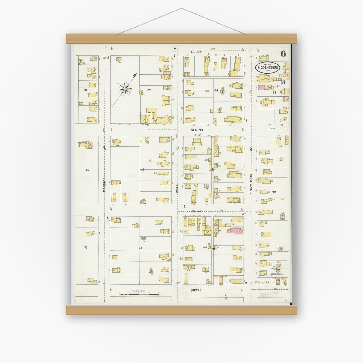 Old map wall art mockup — magnetic wood frame on white wall — Sanborn Fire Insurance Map from Ogdensburg, St. Lawrence County, New York (1898), Sheet #0006