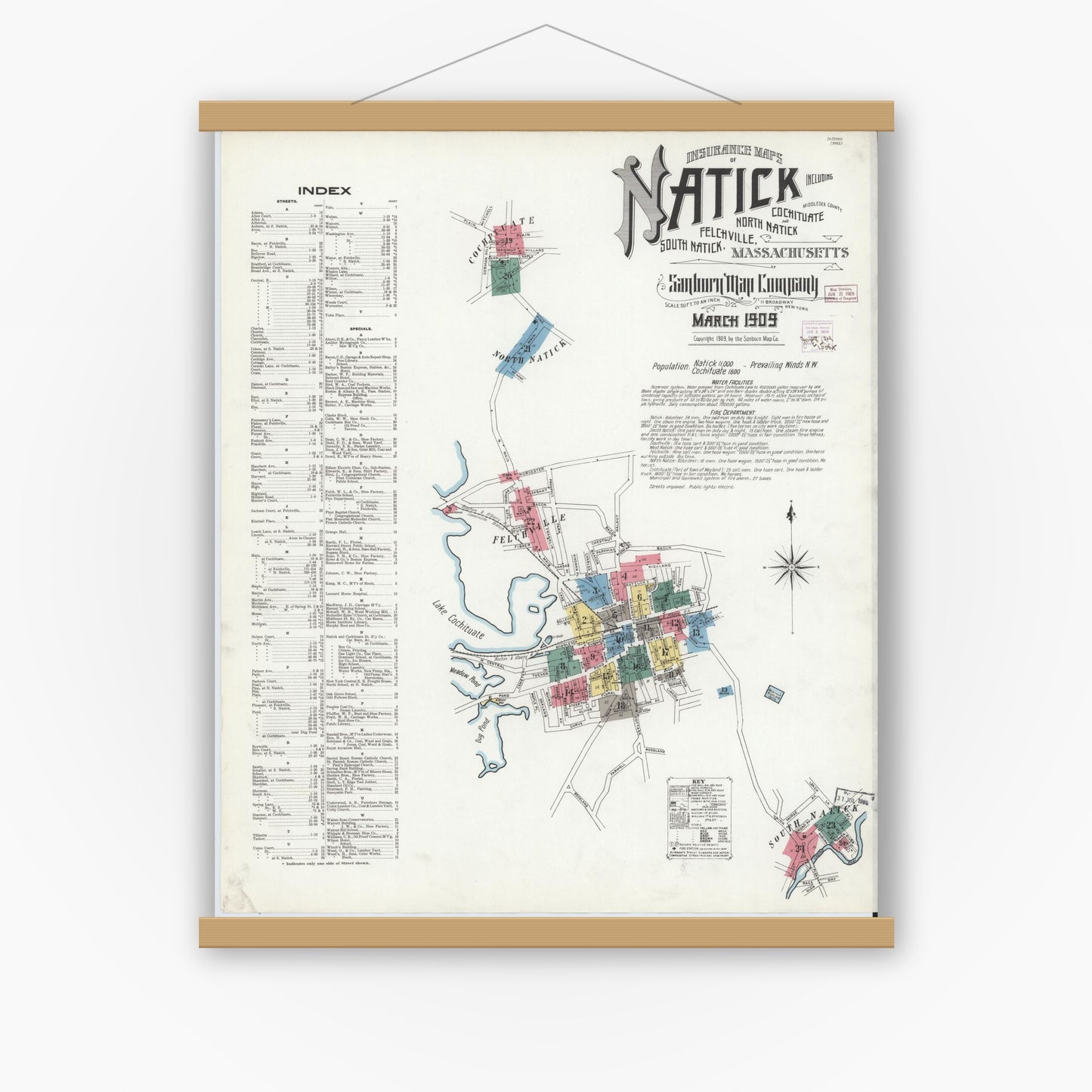 Old map wall art mockup — magnetic wood frame on white wall — Sanborn Fire Insurance Map from Natick, Middlesex County, Massachusetts (1909) - Complete Map Set