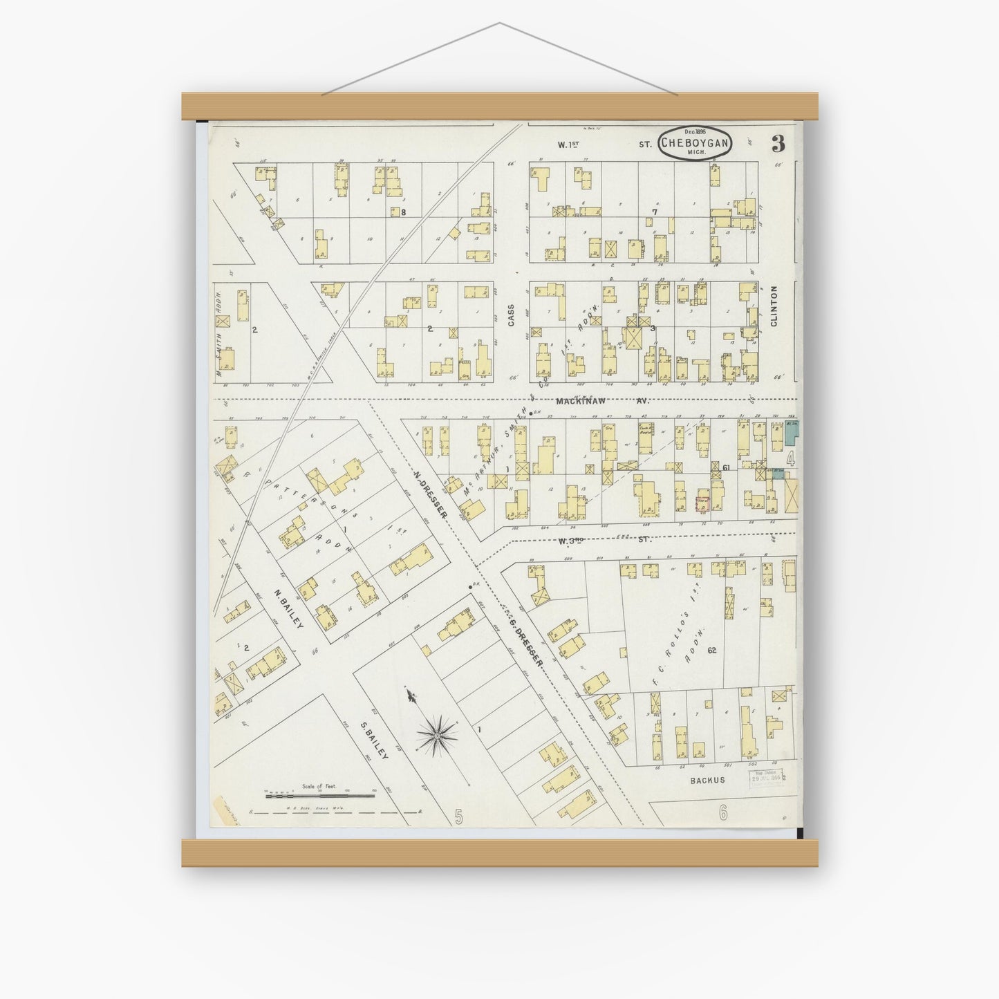 Old map wall art mockup — magnetic wood frame on white wall — Sanborn Fire Insurance Map from Cheboygan, Cheboygan County, Michigan (1895), Sheet #0003