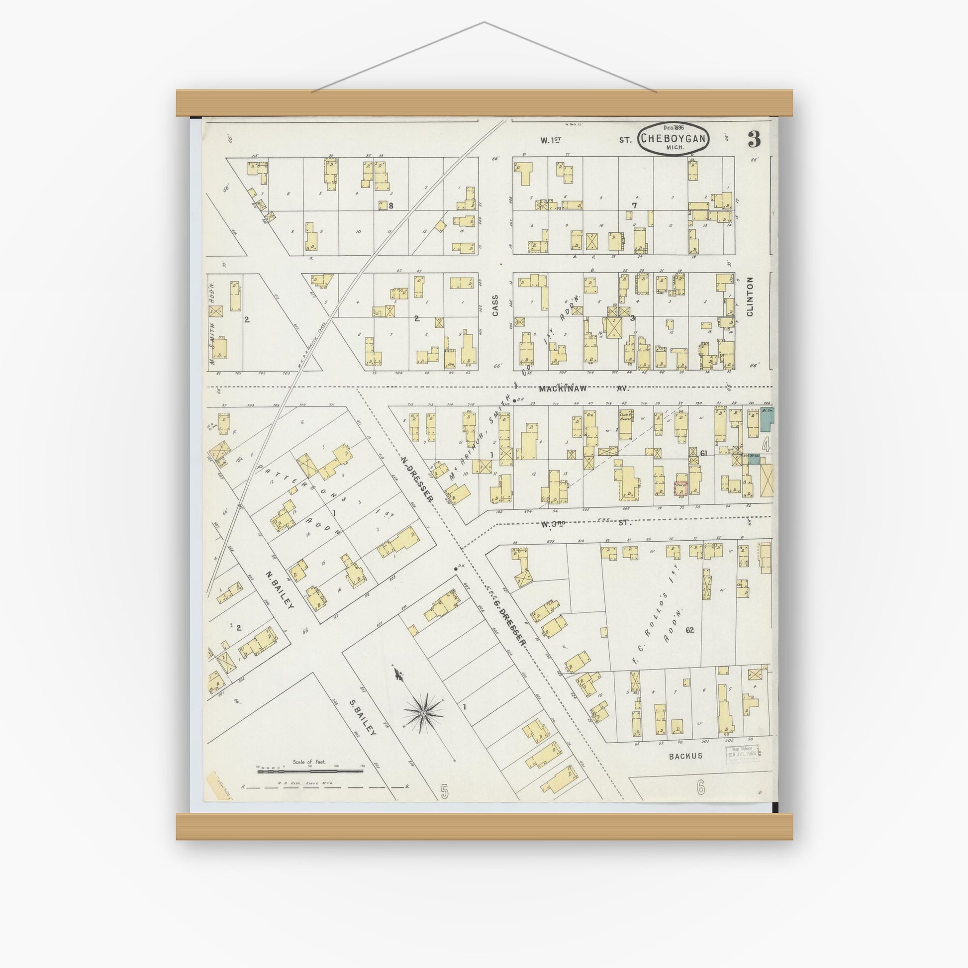 Old map wall art mockup — magnetic wood frame on white wall — Sanborn Fire Insurance Map from Cheboygan, Cheboygan County, Michigan (1895), Sheet #0003