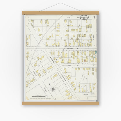 Old map wall art mockup — magnetic wood frame on white wall — Sanborn Fire Insurance Map from Cheboygan, Cheboygan County, Michigan (1895), Sheet #0003