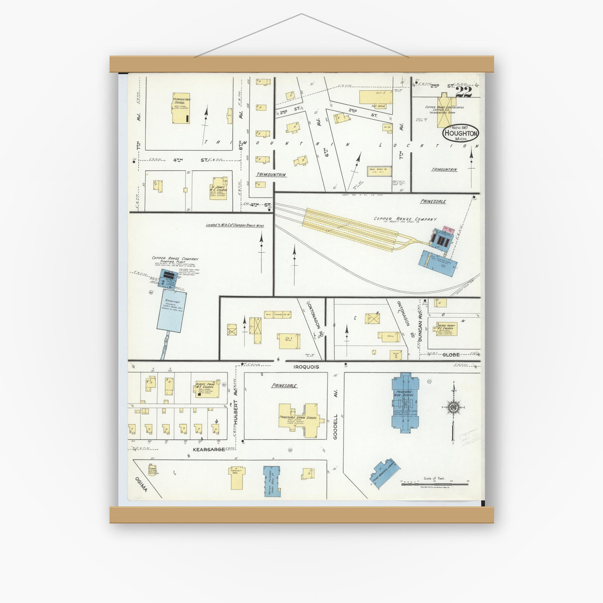 Old map wall art mockup — magnetic wood frame on white wall — Sanborn Fire Insurance Map from Houghton, Houghton County, Michigan (1917), Sheet #0022