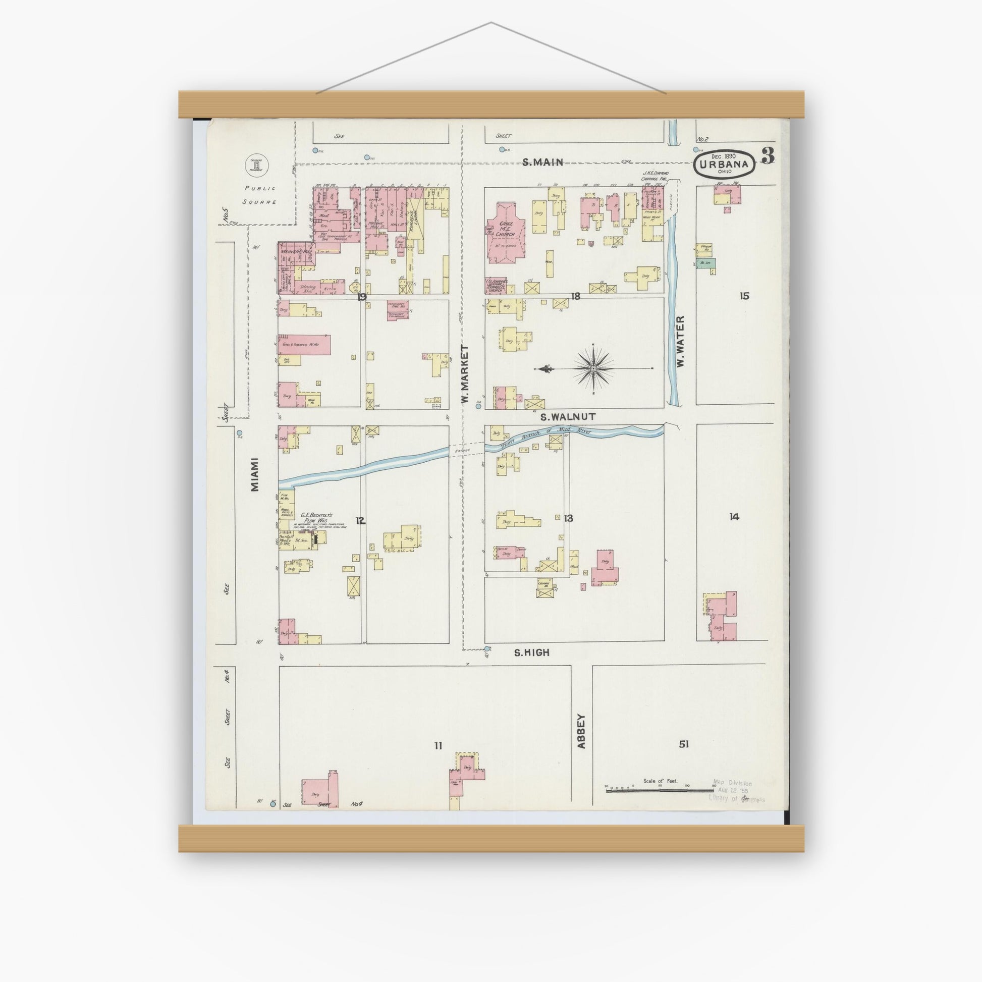Old map wall art mockup — magnetic wood frame on white wall — Sanborn Fire Insurance Map from Urbana, Champaign County, Ohio (1890), Sheet #0003