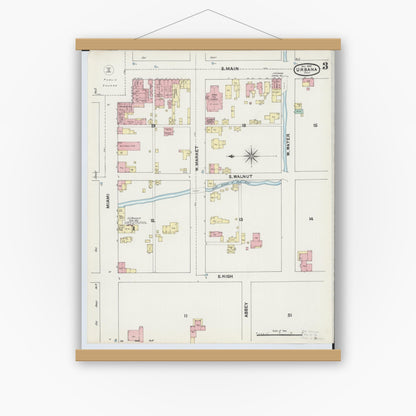 Old map wall art mockup — magnetic wood frame on white wall — Sanborn Fire Insurance Map from Urbana, Champaign County, Ohio (1890), Sheet #0003