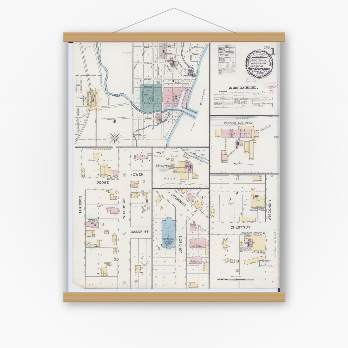 Old map wall art mockup — magnetic wood frame on white wall — Sanborn Fire Insurance Map from Port Washington, Ozaukee County, Wisconsin (1893) - Complete Map Set