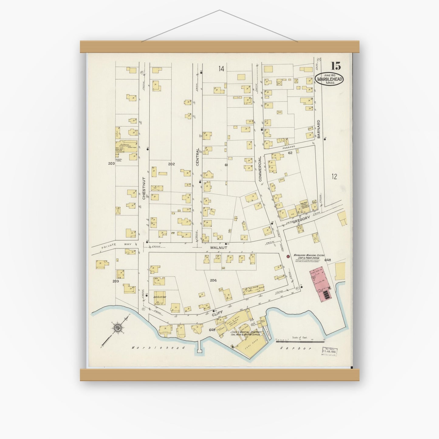 Old map wall art mockup — magnetic wood frame on white wall — Sanborn Fire Insurance Map from Marblehead, Essex County, Massachusetts (1915), Sheet #0015