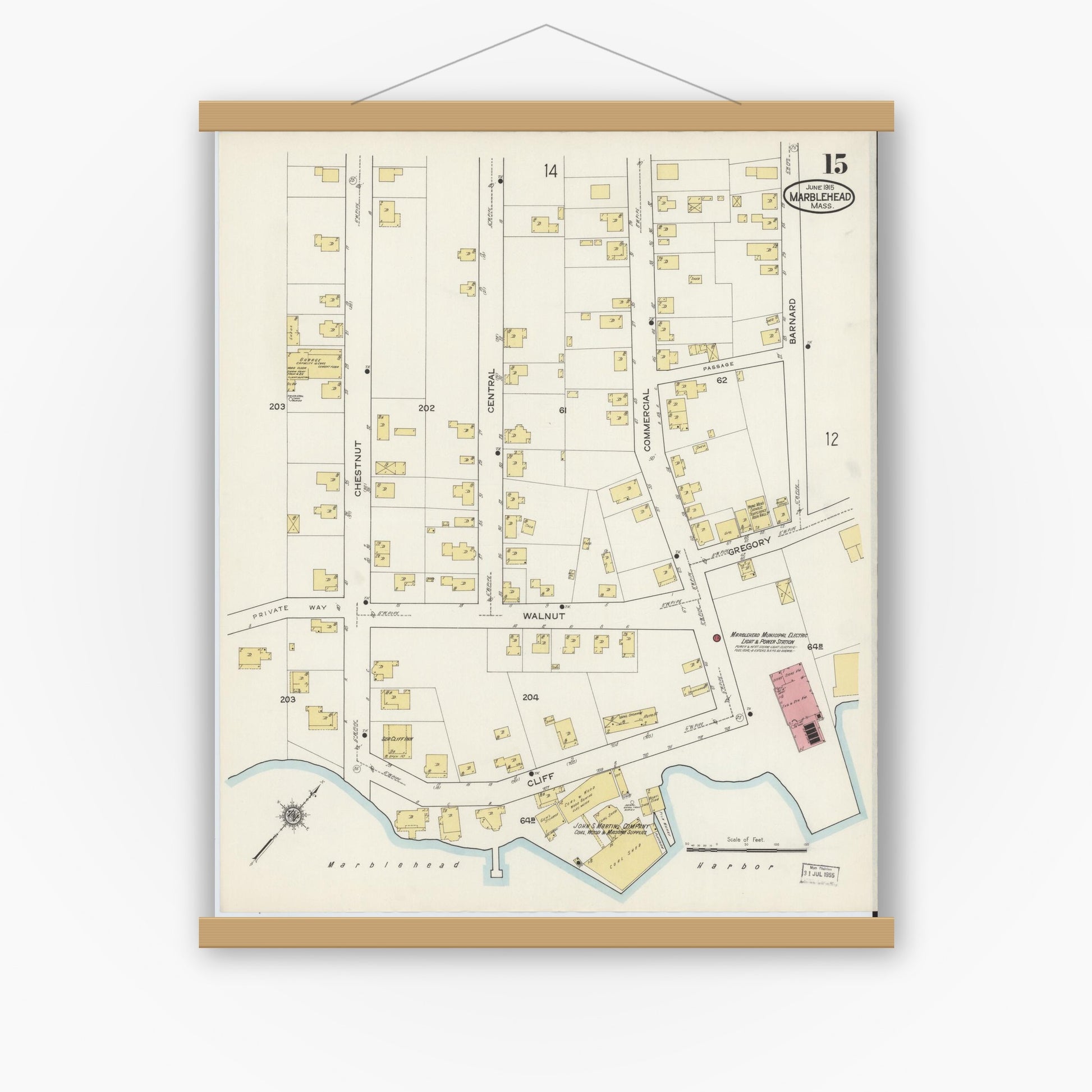 Old map wall art mockup — magnetic wood frame on white wall — Sanborn Fire Insurance Map from Marblehead, Essex County, Massachusetts (1915), Sheet #0015