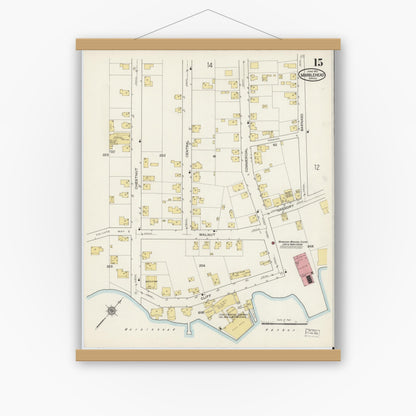 Old map wall art mockup — magnetic wood frame on white wall — Sanborn Fire Insurance Map from Marblehead, Essex County, Massachusetts (1915), Sheet #0015