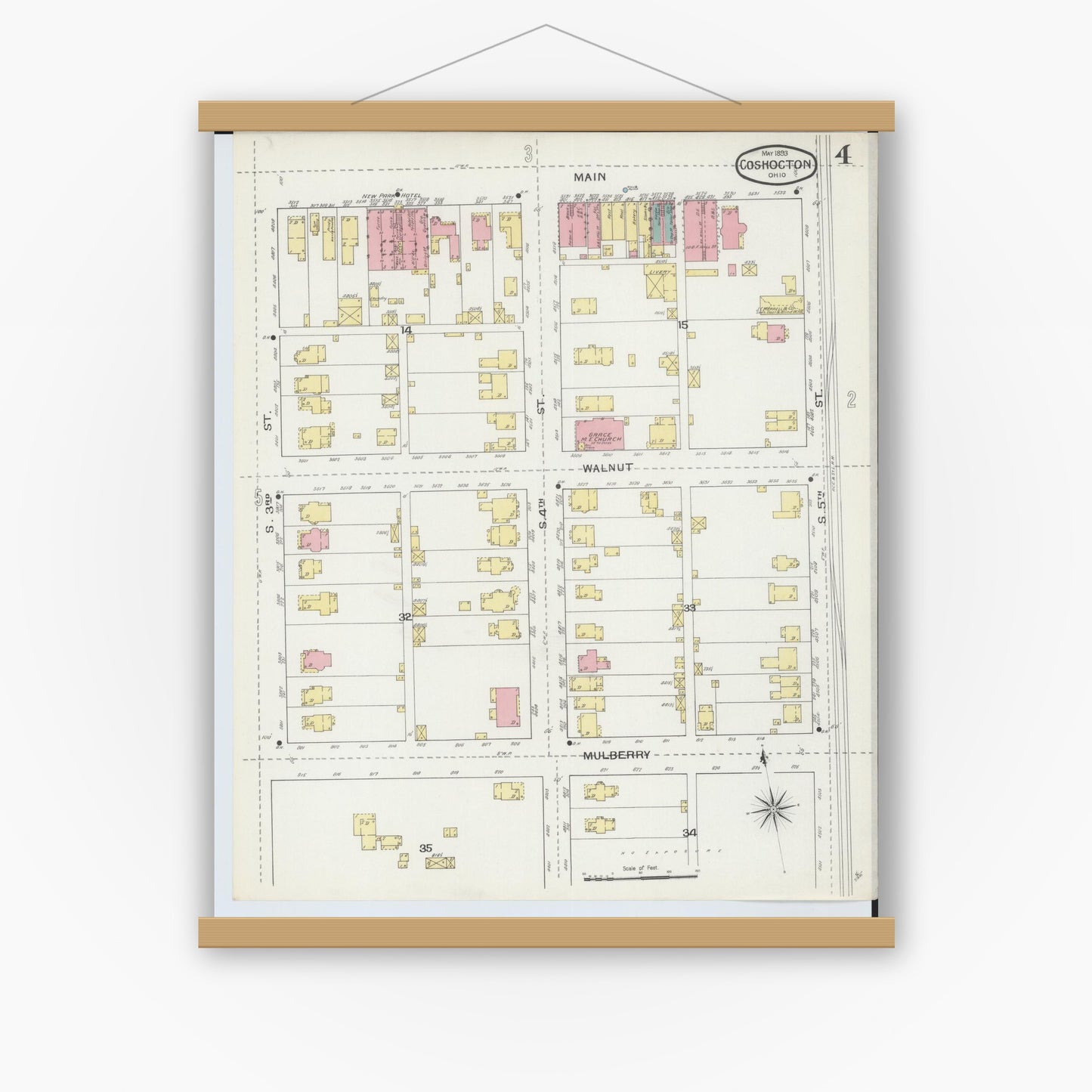 Old map wall art mockup — magnetic wood frame on white wall — Sanborn Fire Insurance Map from Coshocton, Coshocton County, Ohio (1893), Sheet #0004