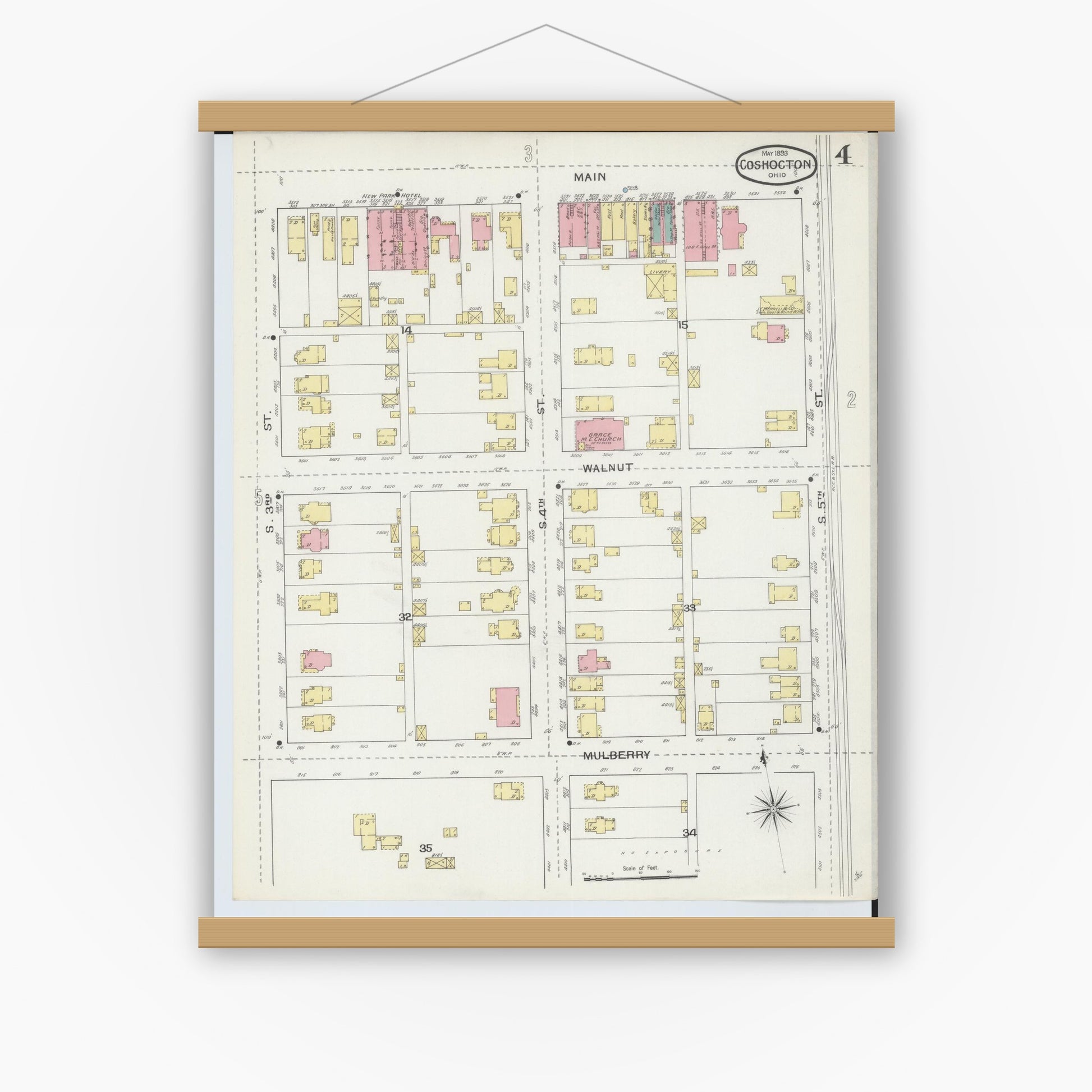 Old map wall art mockup — magnetic wood frame on white wall — Sanborn Fire Insurance Map from Coshocton, Coshocton County, Ohio (1893), Sheet #0004