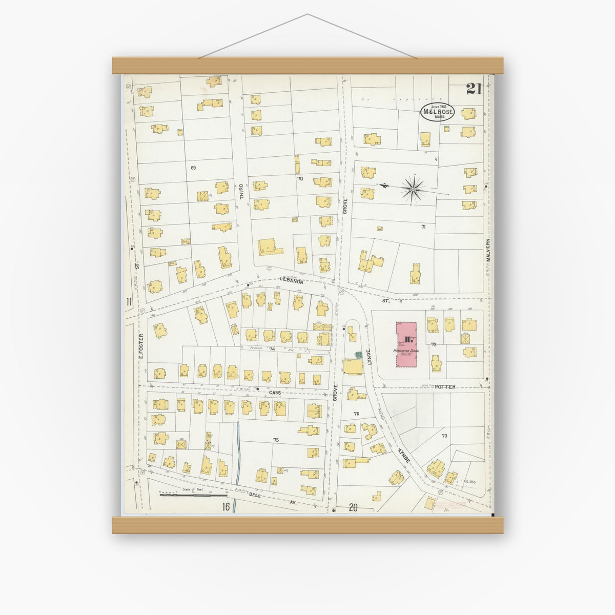 Old map wall art mockup — magnetic wood frame on white wall — Sanborn Fire Insurance Map from Melrose, Middlesex County, Massachusetts (1903), Sheet #0021