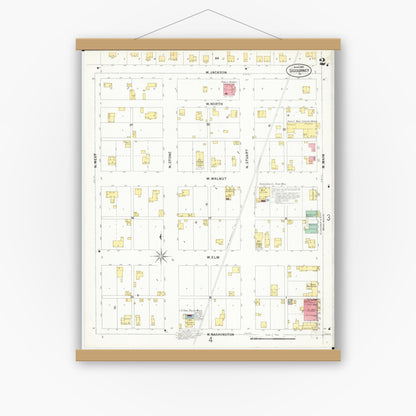 Old map wall art mockup — magnetic wood frame on white wall — Sanborn Fire Insurance Map from Sigourney, Kiokuk County, Iowa (1899), Sheet #0002