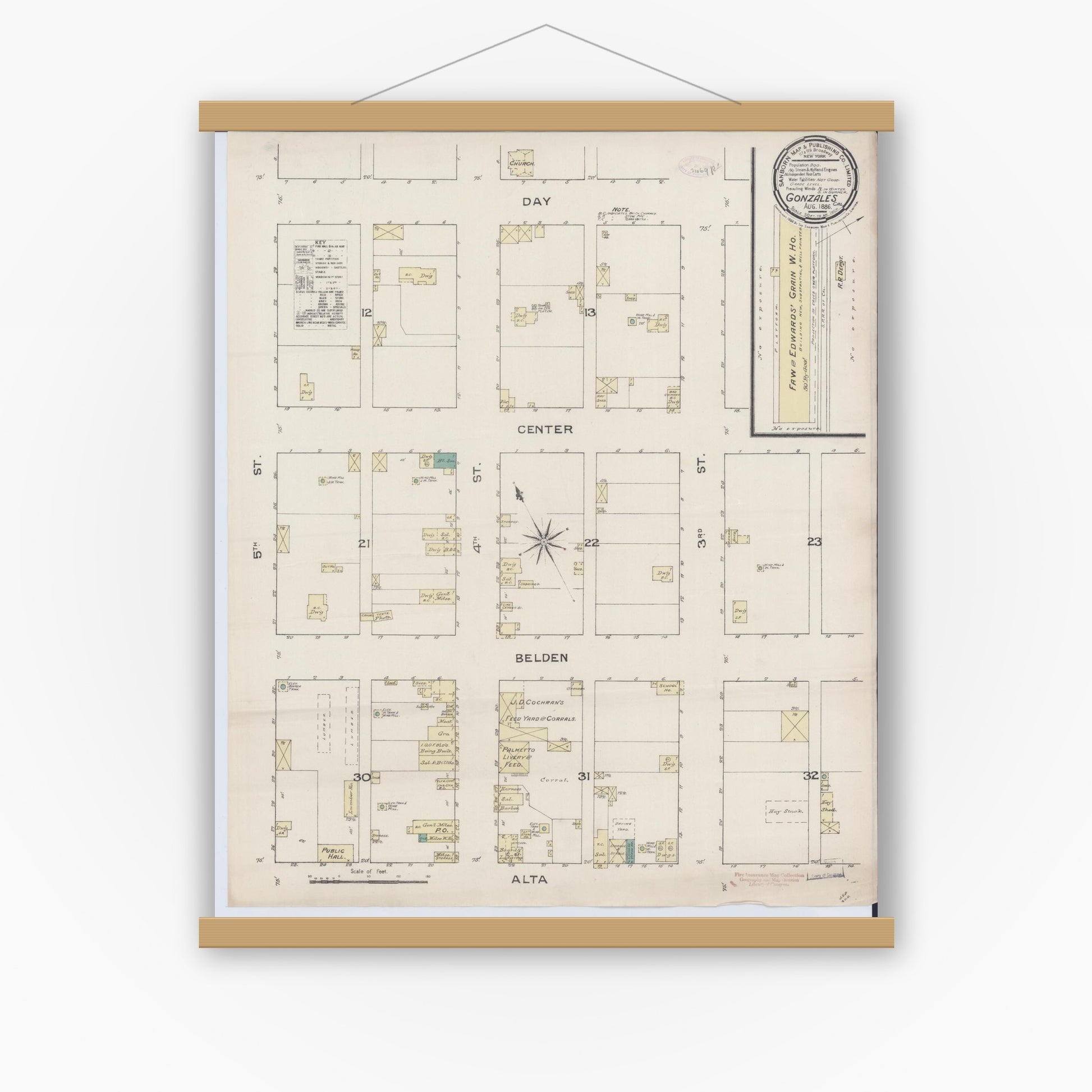 Old map wall art mockup — magnetic wood frame on white wall — Sanborn Fire Insurance Map from Gonzales, Monterey County, California (1886), Sheet #0001
