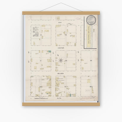 Old map wall art mockup — magnetic wood frame on white wall — Sanborn Fire Insurance Map from Gonzales, Monterey County, California (1886), Sheet #0001