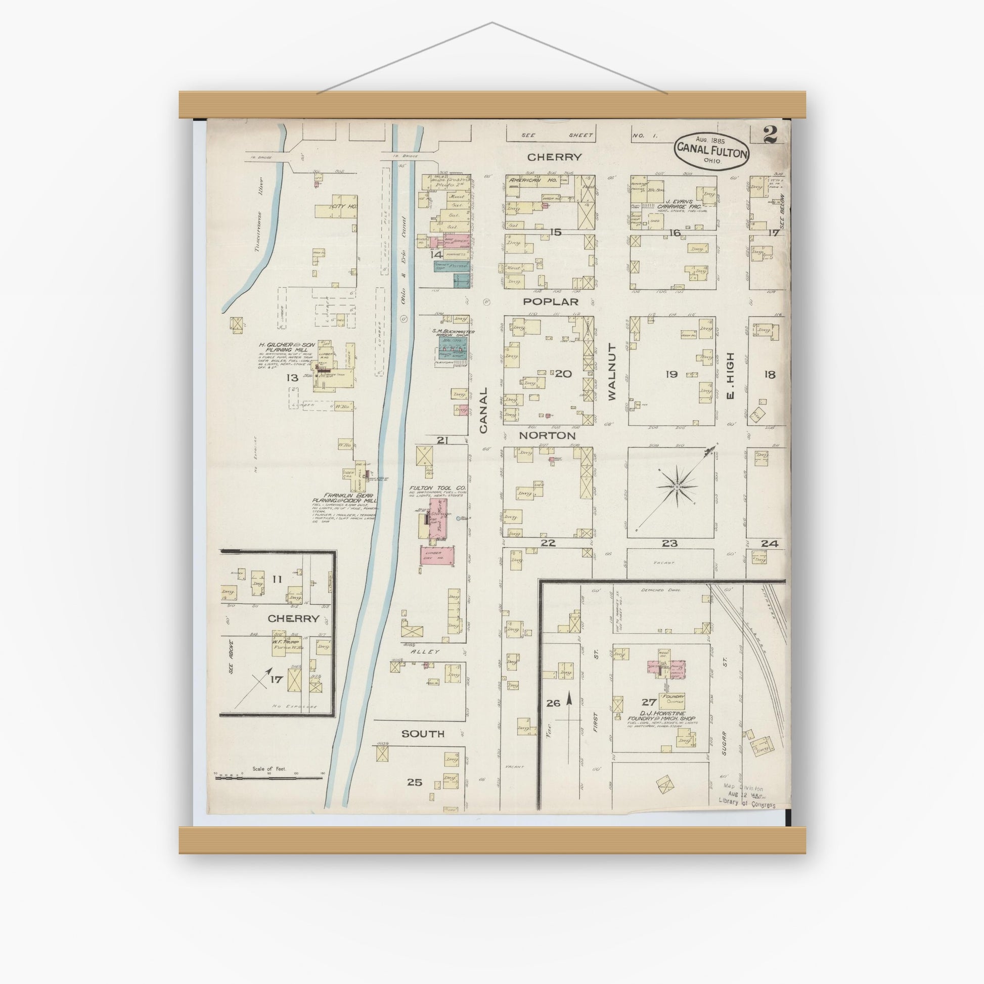Old map wall art mockup — magnetic wood frame on white wall — Sanborn Fire Insurance Map from Canal Fulton, Stark County, Ohio (1885), Sheet #0002