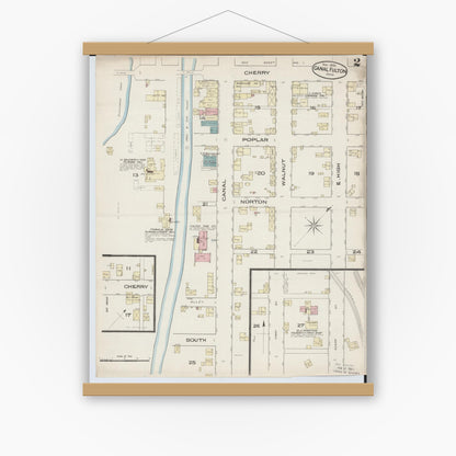 Old map wall art mockup — magnetic wood frame on white wall — Sanborn Fire Insurance Map from Canal Fulton, Stark County, Ohio (1885), Sheet #0002
