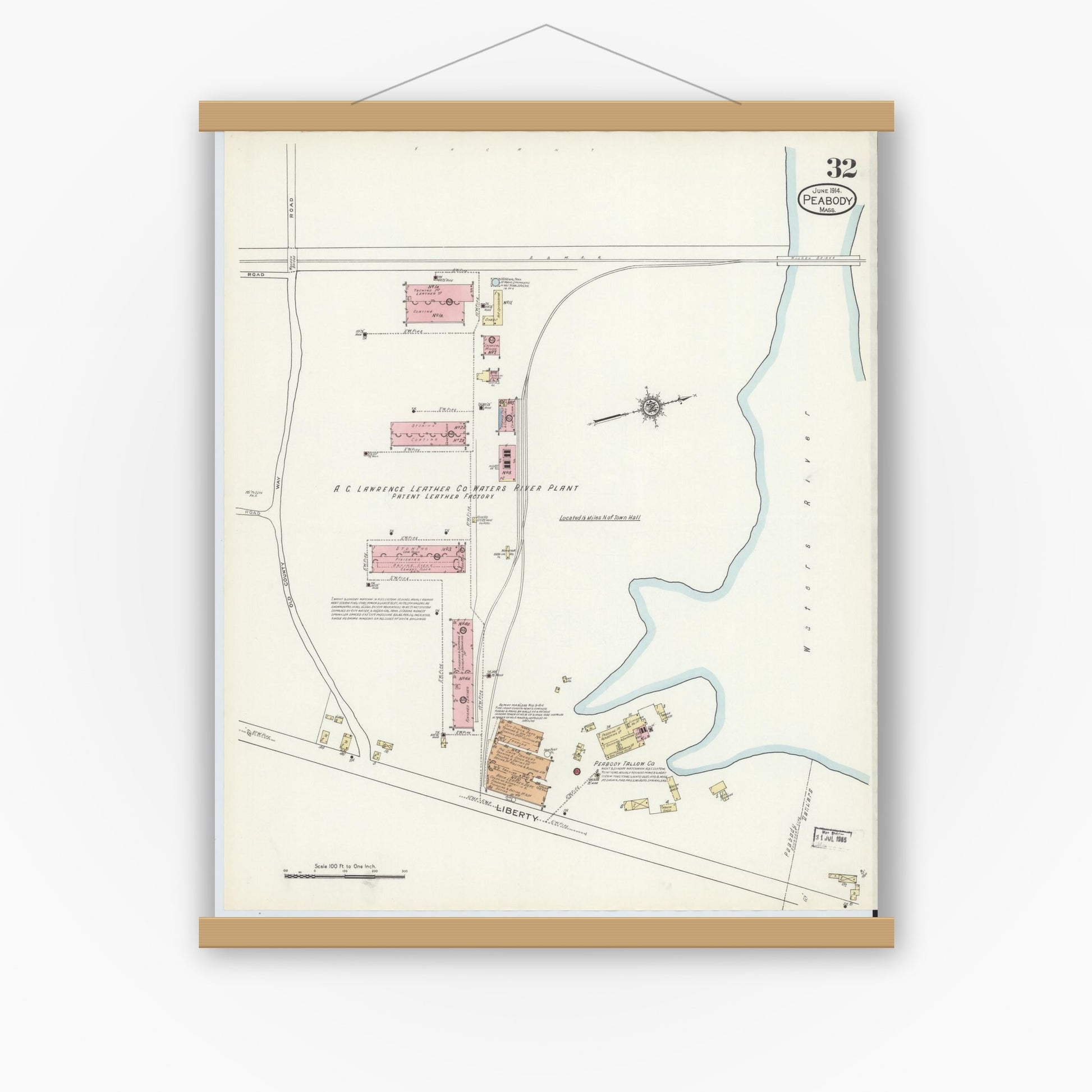 Old map wall art mockup — magnetic wood frame on white wall — Sanborn Fire Insurance Map from Peabody, Essex County, Massachusetts (1914), Sheet #0032