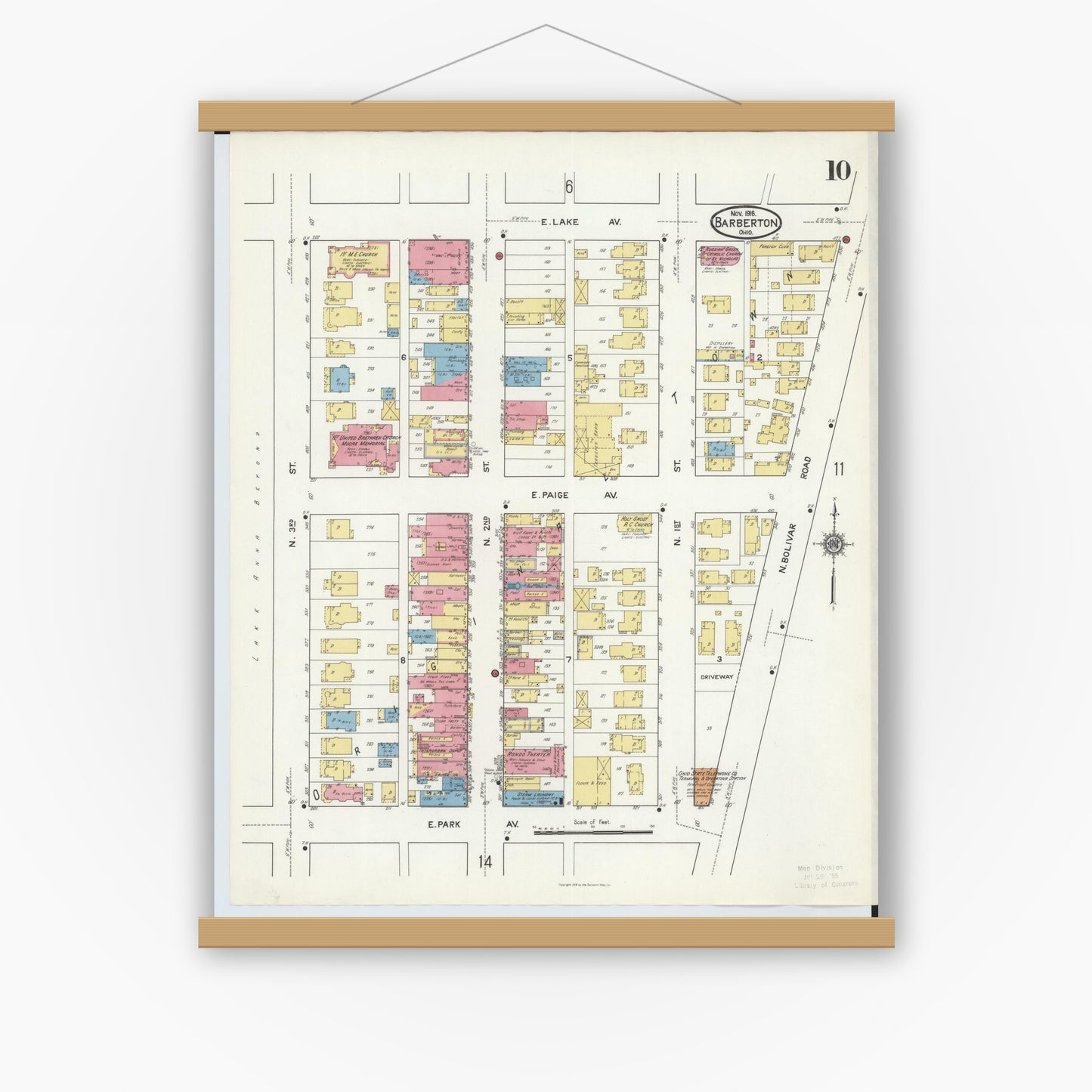 Old map wall art mockup — magnetic wood frame on white wall — Sanborn Fire Insurance Map from Barberton, Summit County, Ohio (1916), Sheet #0010