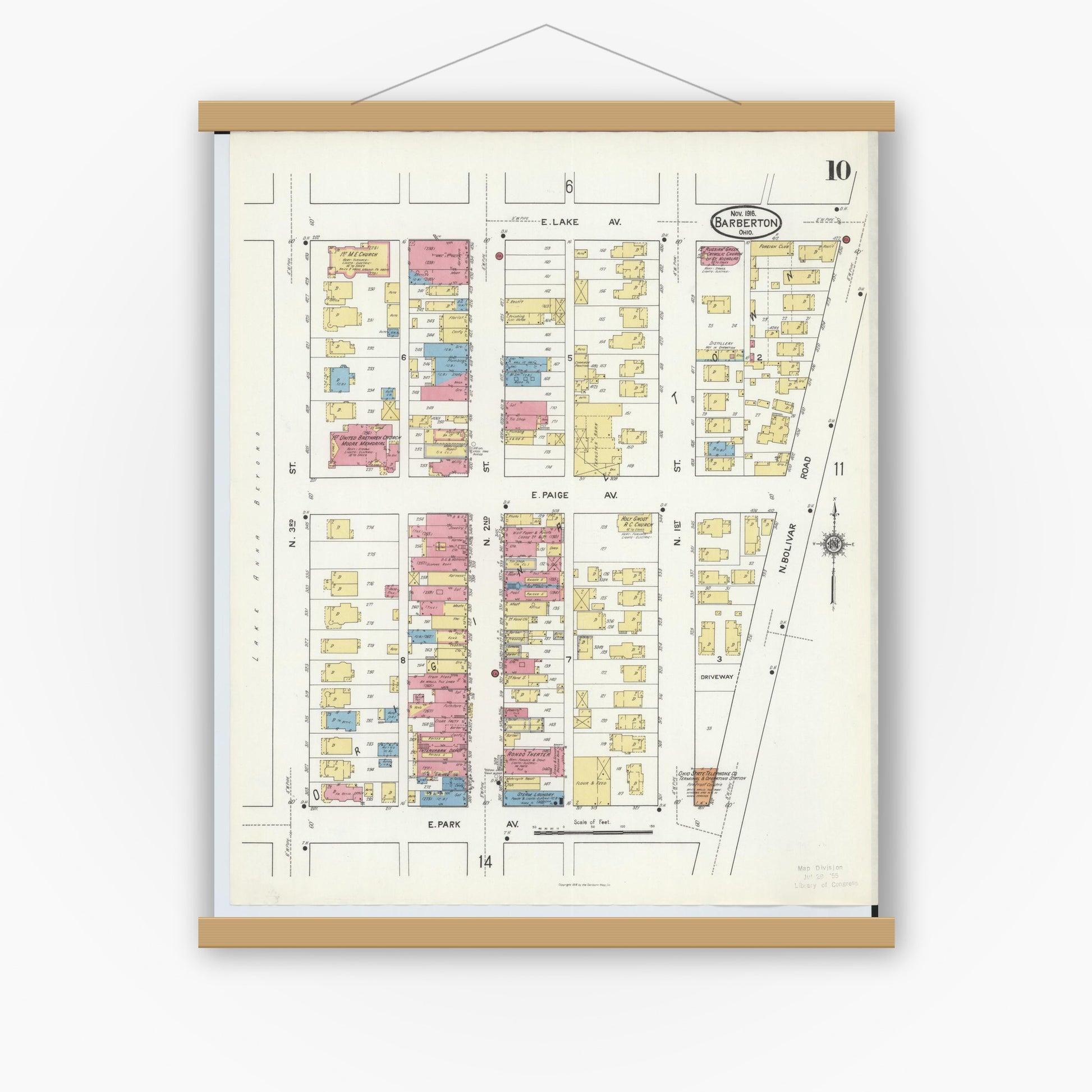 Old map wall art mockup — magnetic wood frame on white wall — Sanborn Fire Insurance Map from Barberton, Summit County, Ohio (1916), Sheet #0010