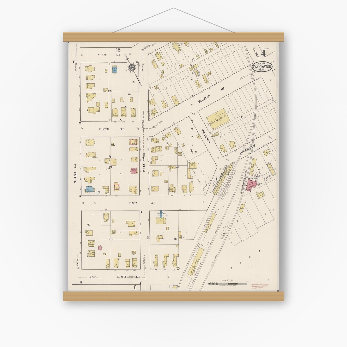 Old map wall art mockup — magnetic wood frame on white wall — Sanborn Fire Insurance Map from Crookston, Polk County, Minnesota (1922), Sheet #0004