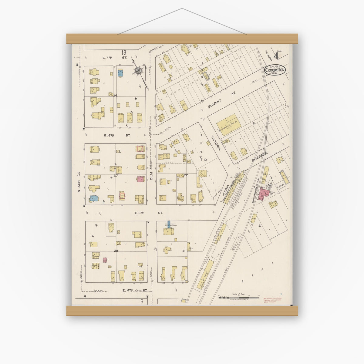 Old map wall art mockup — magnetic wood frame on white wall — Sanborn Fire Insurance Map from Crookston, Polk County, Minnesota (1922), Sheet #0004