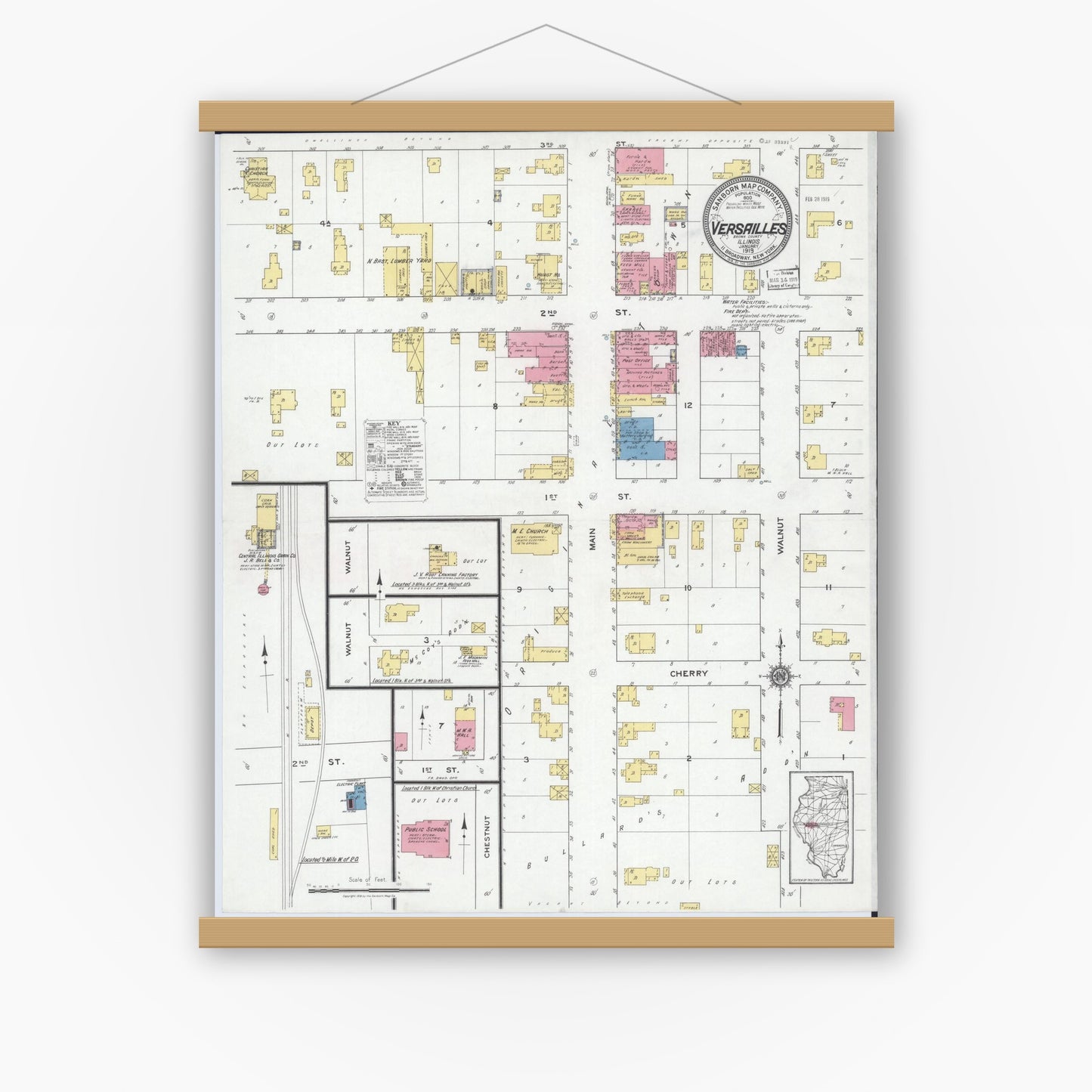 Old map wall art mockup — magnetic wood frame on white wall — Sanborn Fire Insurance Map from Versailles, Brown County, Illinois (1919), Sheet #0001
