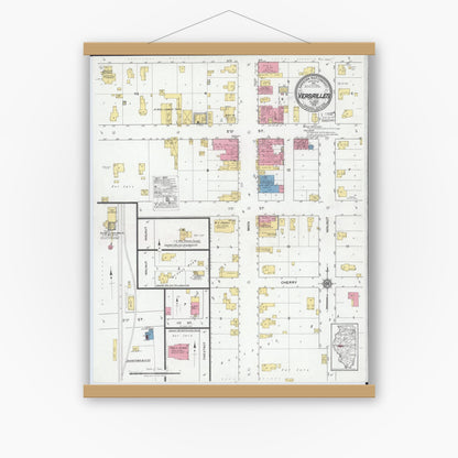 Old map wall art mockup — magnetic wood frame on white wall — Sanborn Fire Insurance Map from Versailles, Brown County, Illinois (1919), Sheet #0001