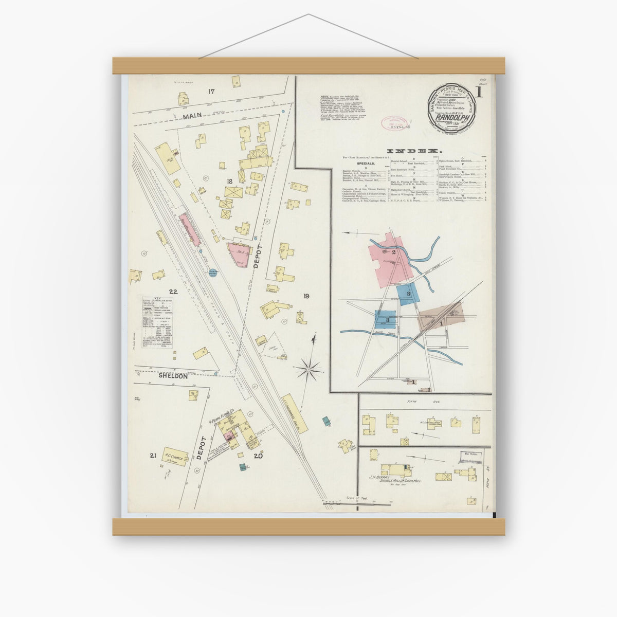 Old map wall art mockup — magnetic wood frame on white wall — Sanborn Fire Insurance Map from Randolph, Cattaraugus County, New York (1891) - Complete Map Set
