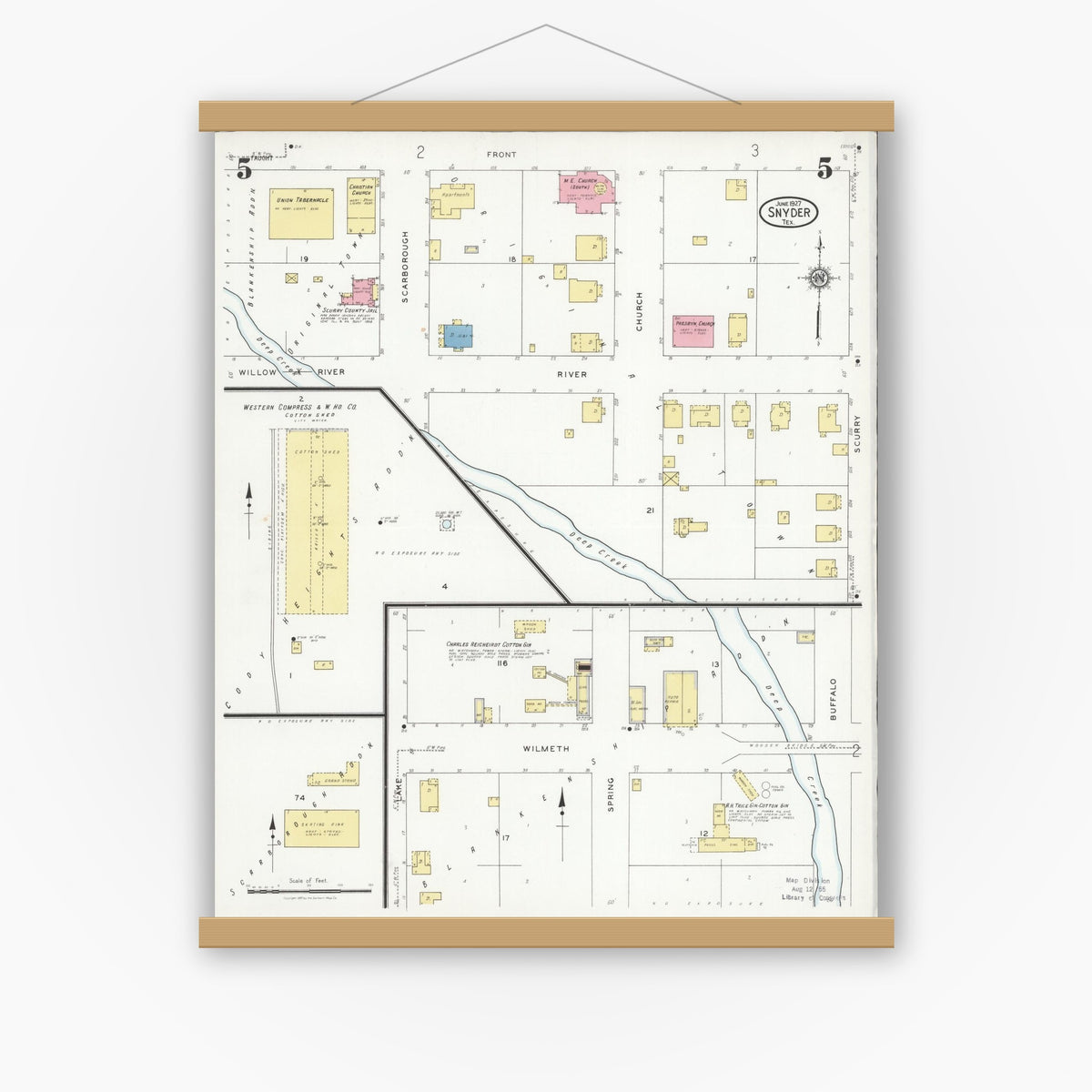 Old map wall art mockup — magnetic wood frame on white wall — Sanborn Fire Insurance Map from Snyder, Scurry County, Texas (1927), Sheet #0005
