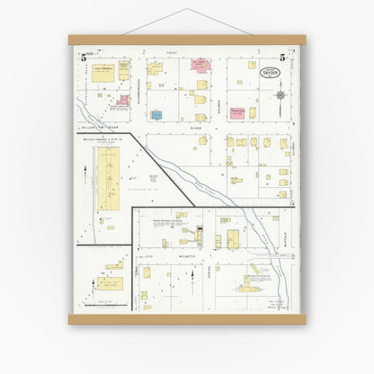 Old map wall art mockup — magnetic wood frame on white wall — Sanborn Fire Insurance Map from Snyder, Scurry County, Texas (1927), Sheet #0005