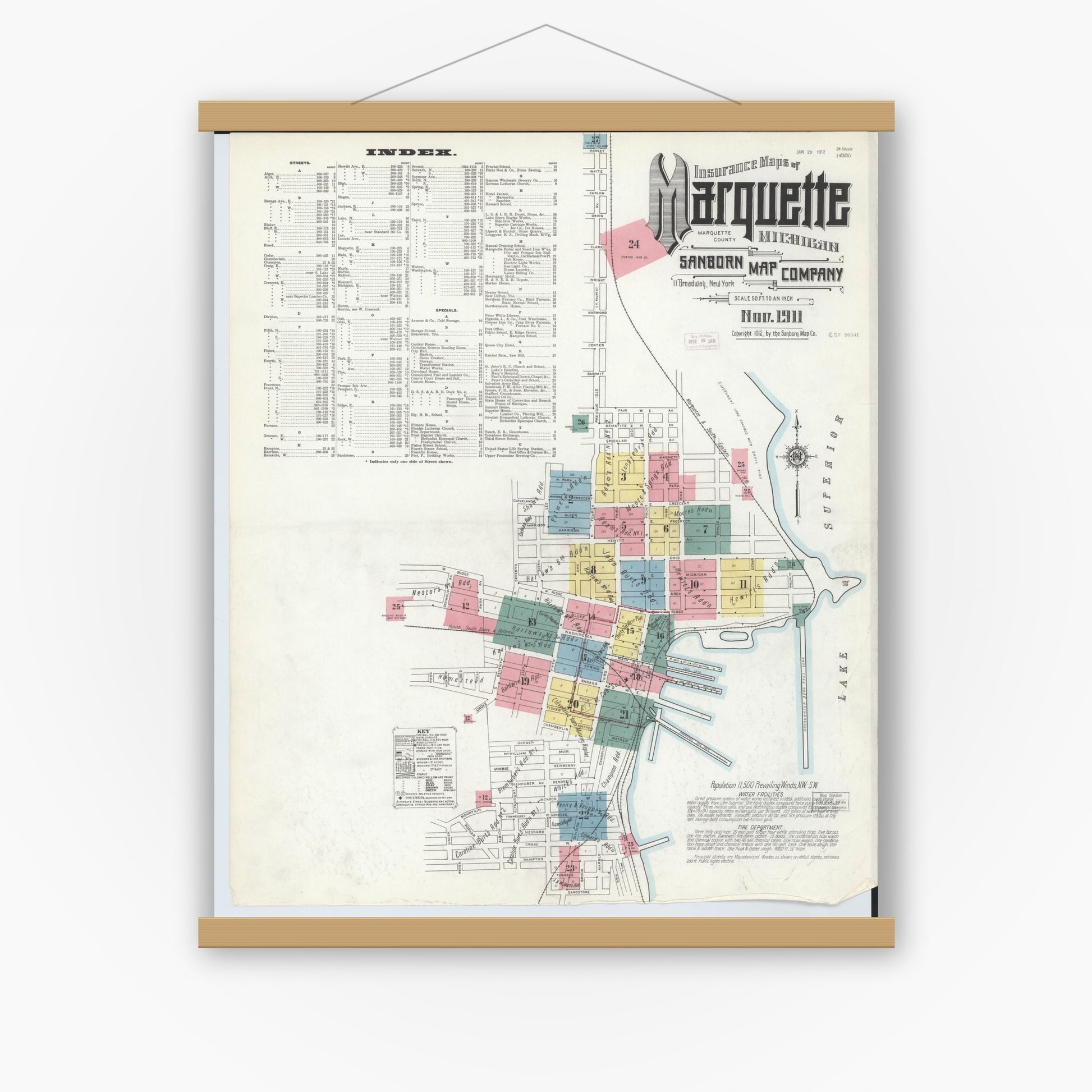 Old map wall art mockup — magnetic wood frame on white wall — Sanborn Fire Insurance Map from Marquette, Marquette County, Michigan (1911) - Complete Map Set