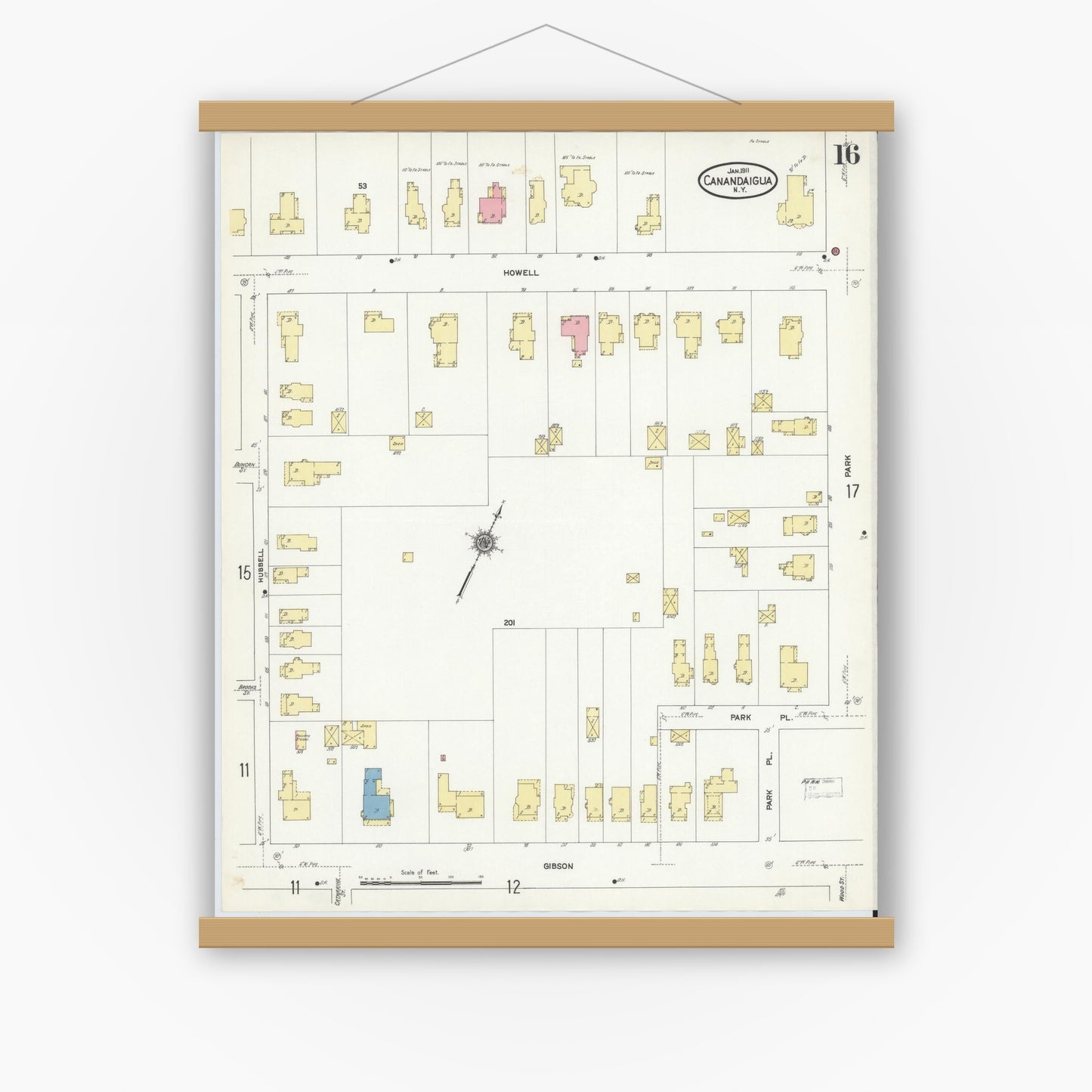 Old map wall art mockup — magnetic wood frame on white wall — Sanborn Fire Insurance Map from Canandaigua, Ontario County, New York (1911), Sheet #0016